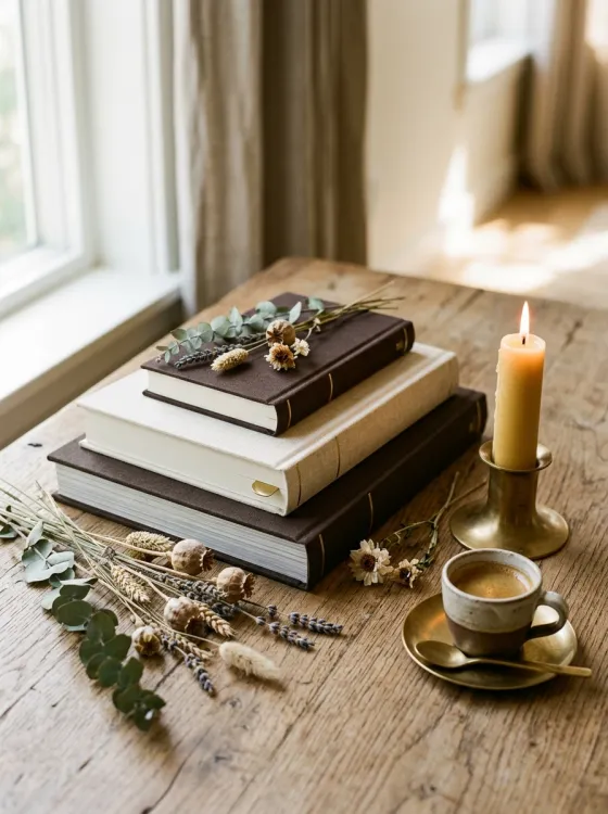 Livres reliés et brins botaniques