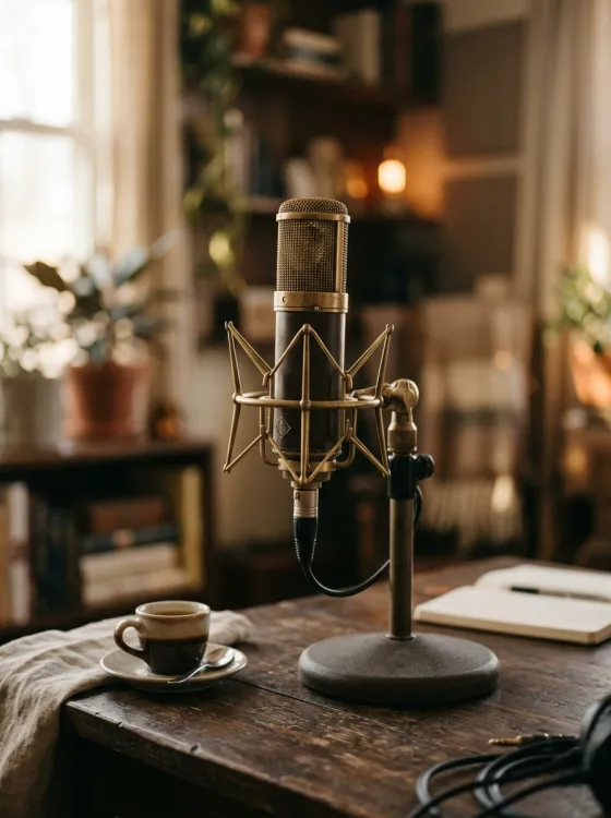 Micro de studio en lumière chaude
