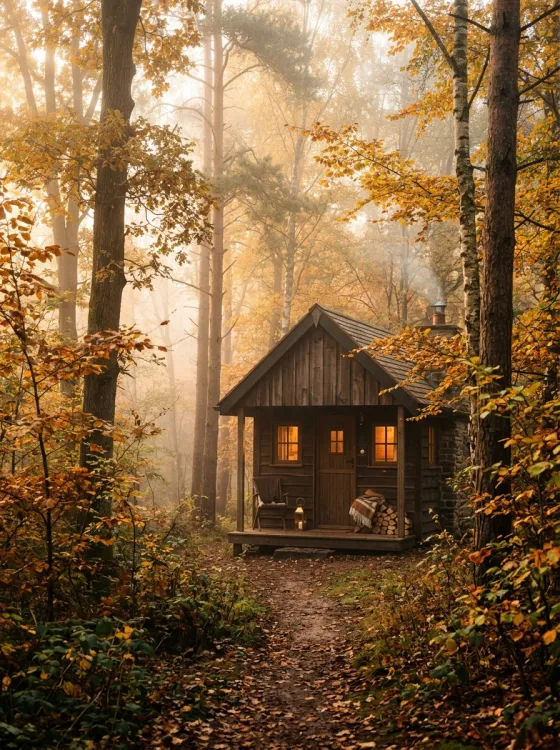 Cabane de bois dans la forêt d'automne
