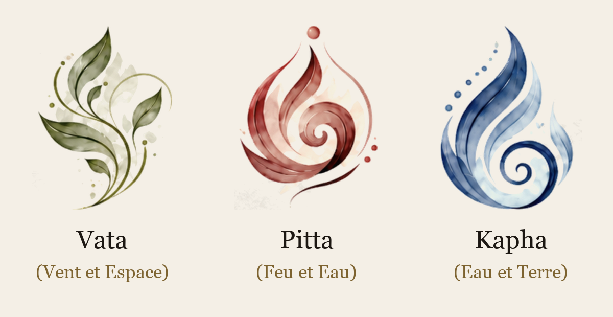 Les trois pictos du quiz : Vata (Vent et Espace), Pitta (Feu et Eau), Kapha (Eau et Terre)