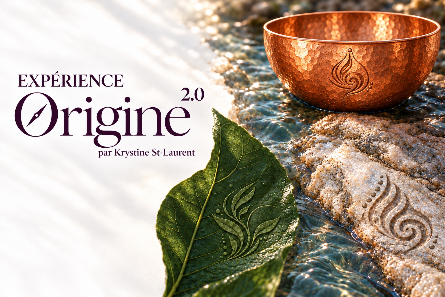 EXPÉRIENCE Origine 2.0 par Krystine St-Laurent : bol de cuivre, feuille et pierre